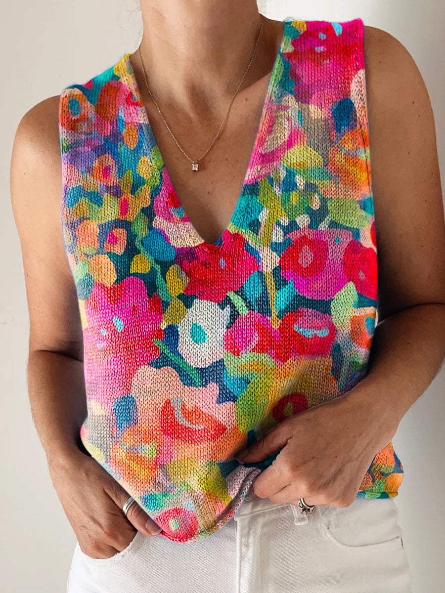 Women's Beautiful Colorful Floral Painting Art Print Casual V Neck Top Knitting