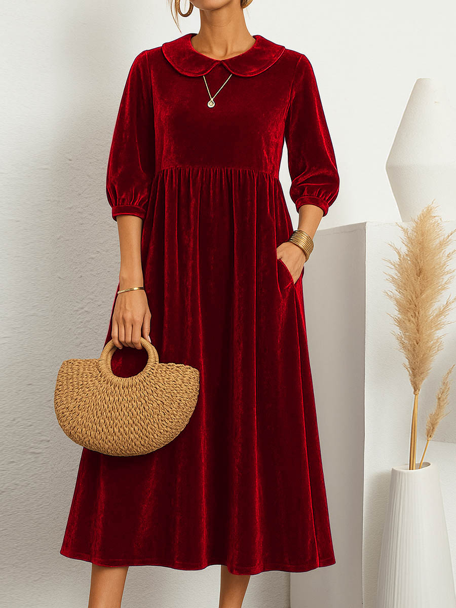 Women's Solid Color Peter Pan Collar Short Sleeve Velvet Casual A-Line Dress