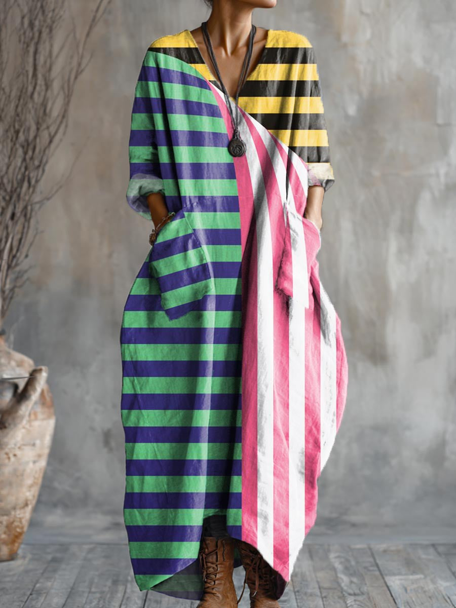 Women's Geometric Art Pattern Print Pocket V-neck Cotton Dress