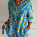Tulip And Star Cartoon Pattern Printed Women's Casual Cotton Shirt