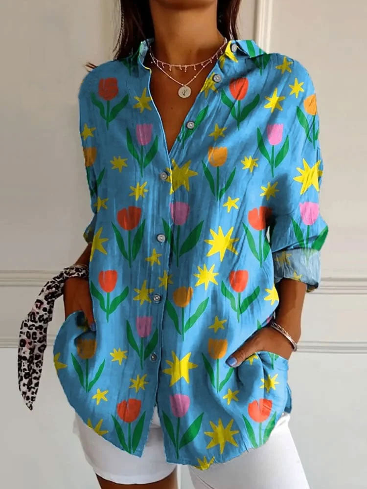 Tulip And Star Cartoon Pattern Printed Women's Casual Cotton Shirt