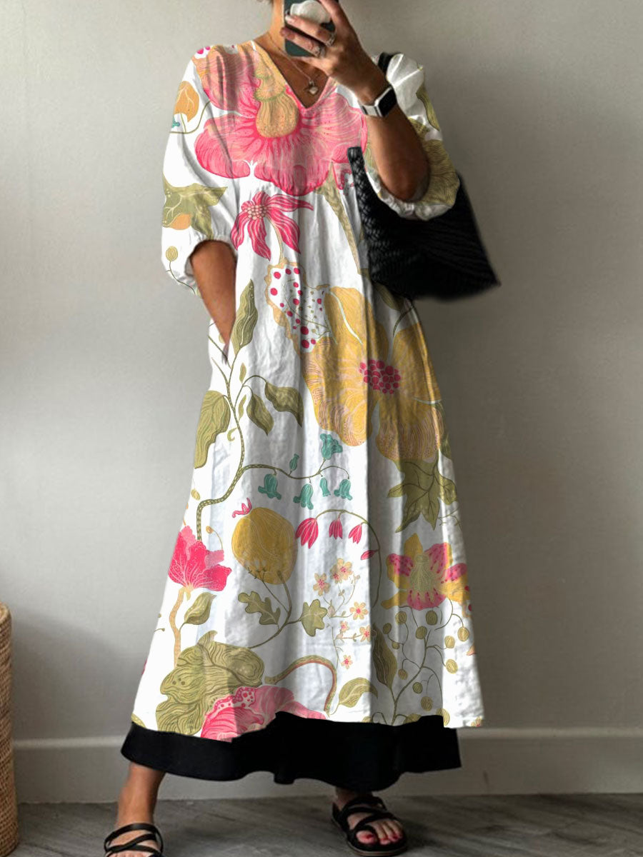 Women's Vintage Flower Art Print Pocket V-neck Cotton Dress