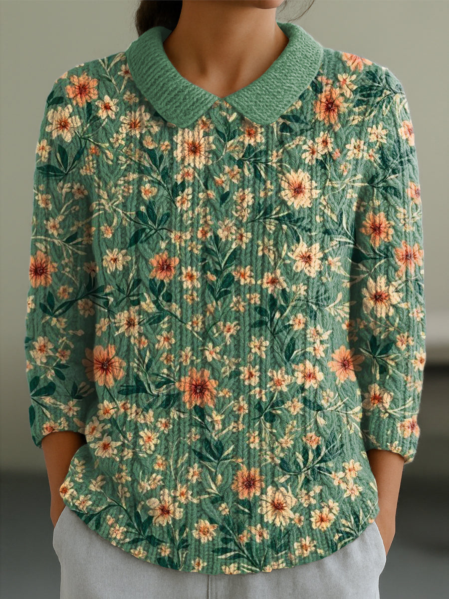 womens-beautiful-vintage-floral-painting-art-print-casual-peter-pan-collar-3-4-sleeve-sweater