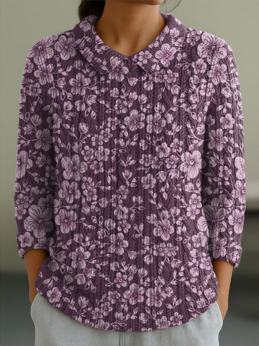 womens-vintage-floral-art-print-casual-peter-pan-collar-3-4-sleeve-sweater-l8o5