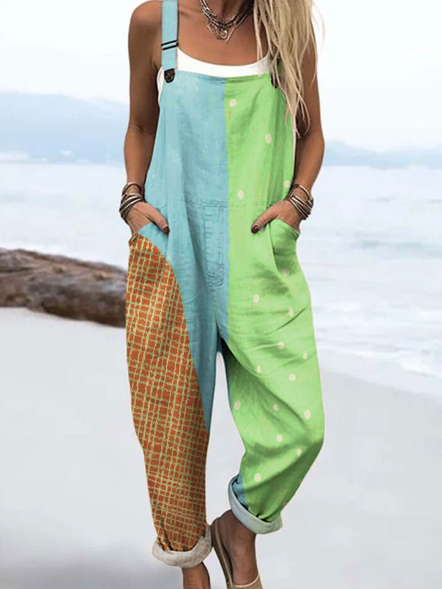 Women's Retro Abstract Landscape Block Art Print Casual 100% Cotton Wide Leg Jumpsuit