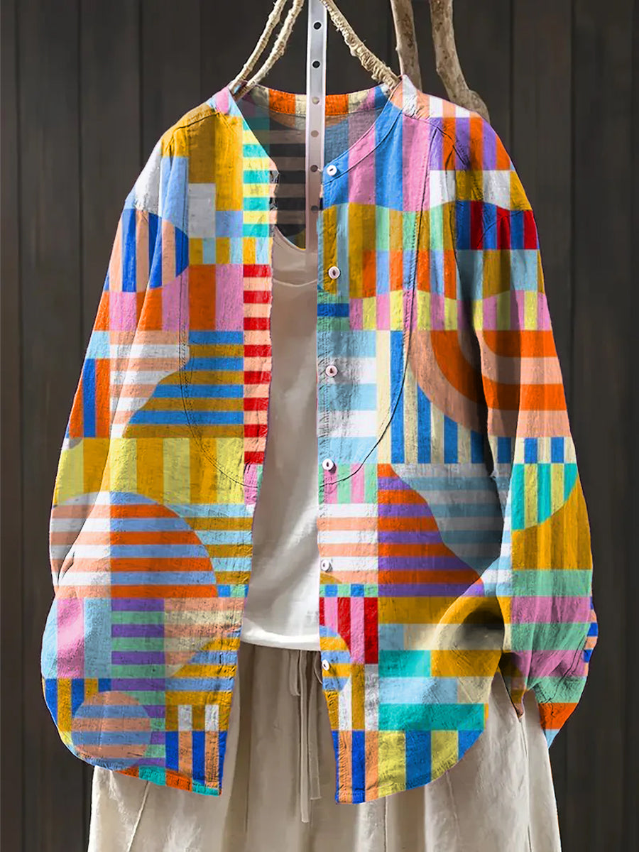 Women's Beautiful Abstract Multicolor Geometric Stripes Art Print Casual Cotton And Linen Shirt