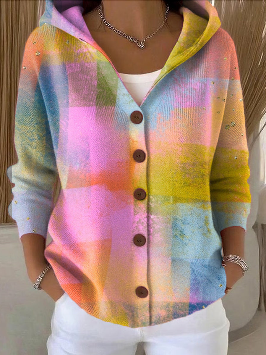 Women's Beautiful Multicolor Block Graffiti Painting Art Print Casual Hooded Button Sweater