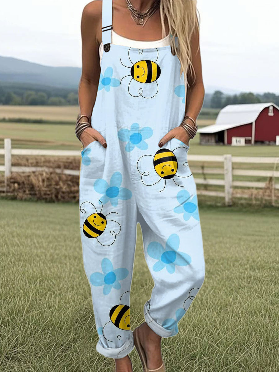 Women's  Bee  Floral  Art Print Casual 100% Cotton Wide Leg Jumpsuit