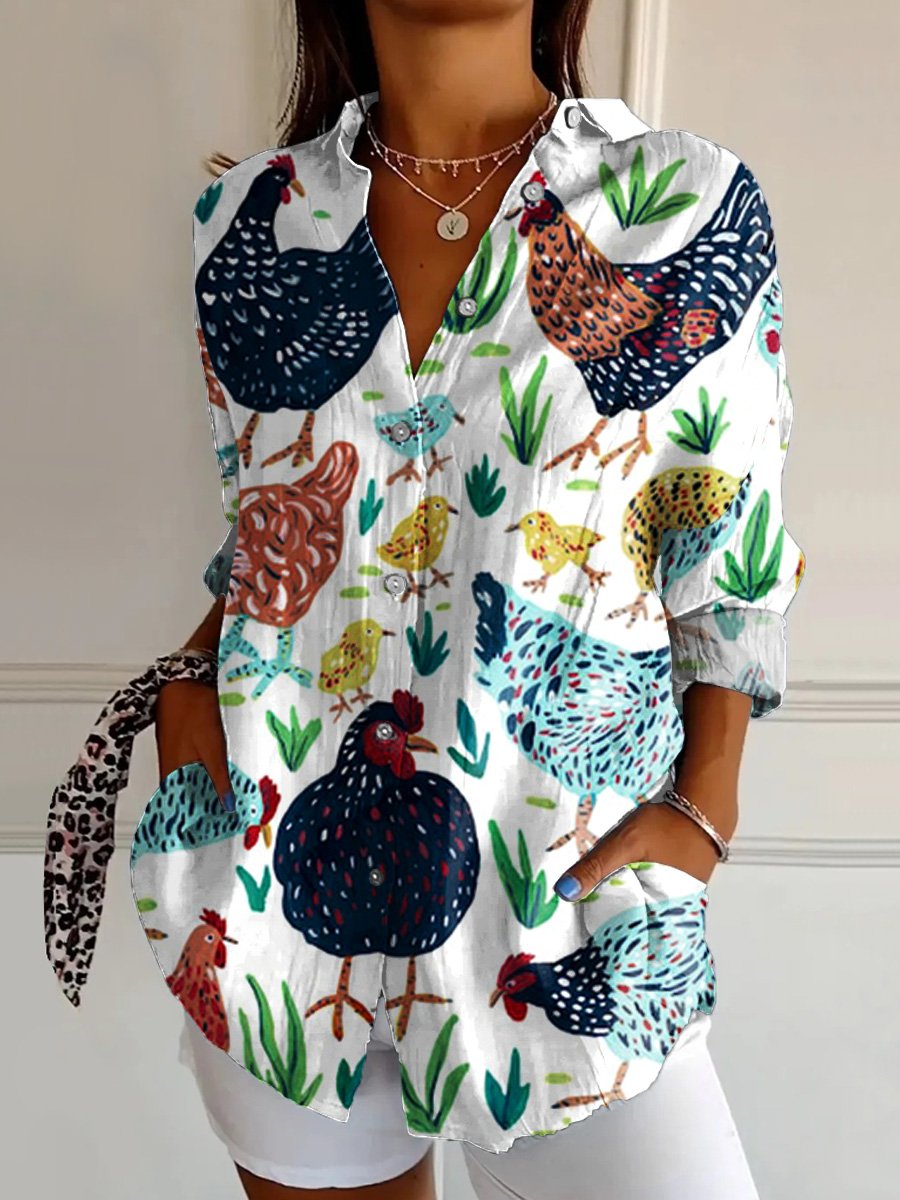 Women's   Funny Rooster  Art Print  Casual Cotton Shirt