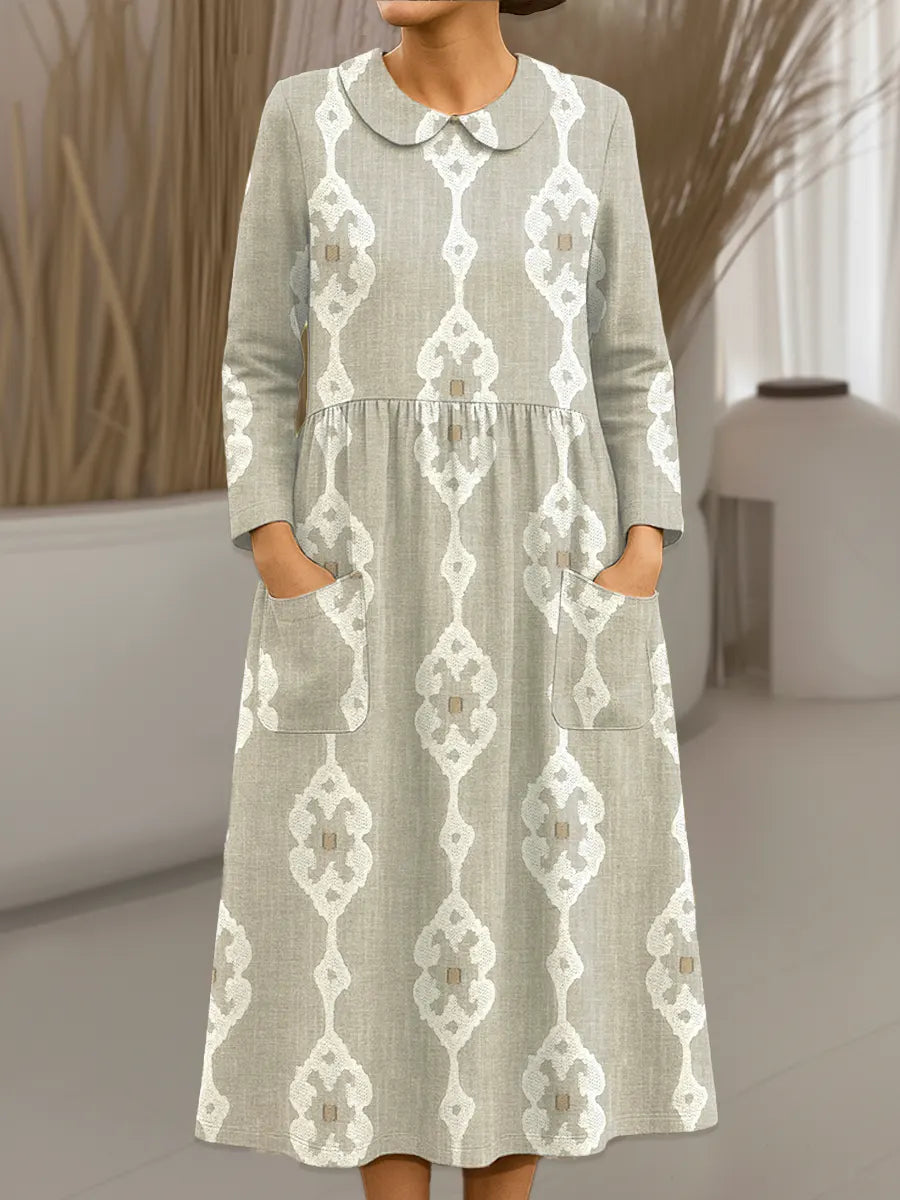 Women's Vintage Abstract Geometric Art Print Cotton Lapel Button-Down Shirt Dress