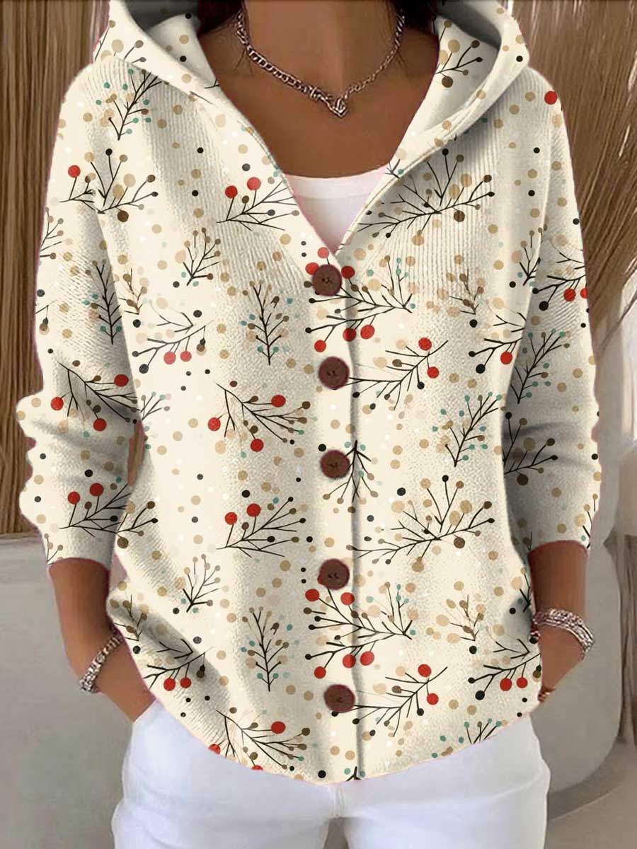 Women's Christmas Pattern Art Printed Casual Hooded Button Sweater