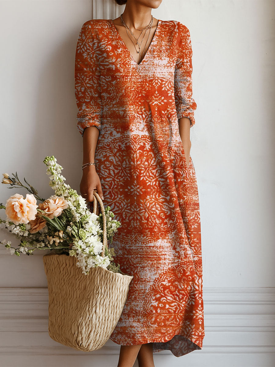 Women's Vintage Pattern Art Print Linen Pocket Dress