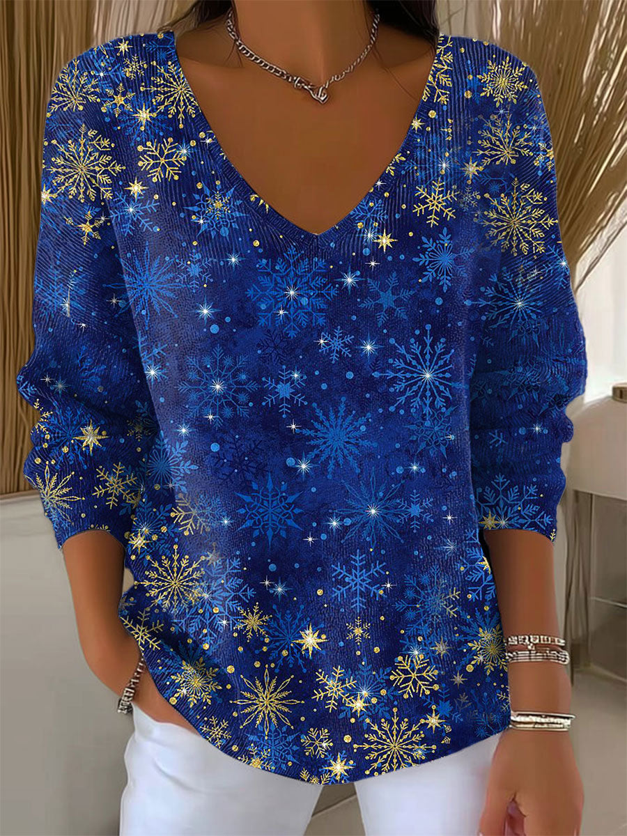 Women's Vintage Christmas  Snow Scene Art Print Casual Pullover Sweater
