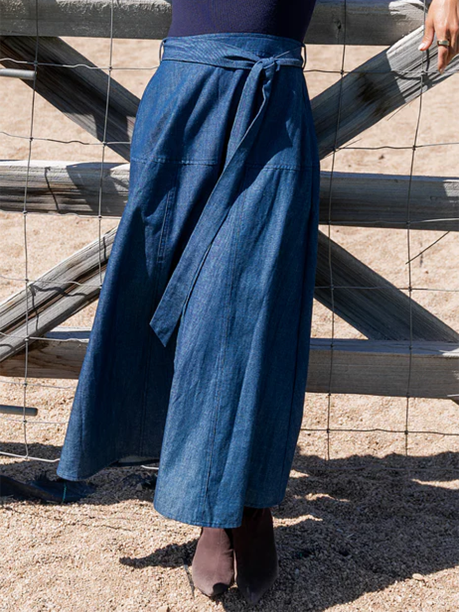 Classic Tie-Drape A-Line Denim Skirt