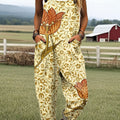 Women's Vintage Floral Art Print Casual 100% Cotton Wide Leg Jumpsuit