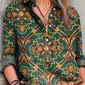 Damen-Freizeithemd aus Baumwolle und Leinen mit Vintage-Ethno-Blumen- und geometrischem Kunstdruck 