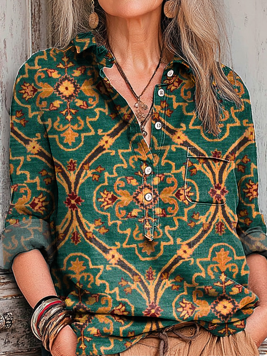 Women's Vintage Ethnic Floral Geometric Painting Art Print Casual Cotton And Linen Shirt