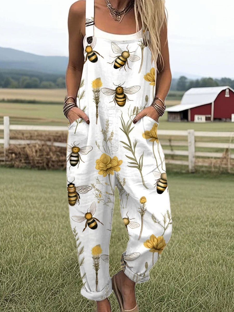 Women's  Funny Bee Art Print Casual 100% Cotton Wide Leg Jumpsuit