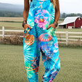 Women's Vintage Bright Sea Life Art Print Casual 100% Cotton Wide Leg Jumpsuit