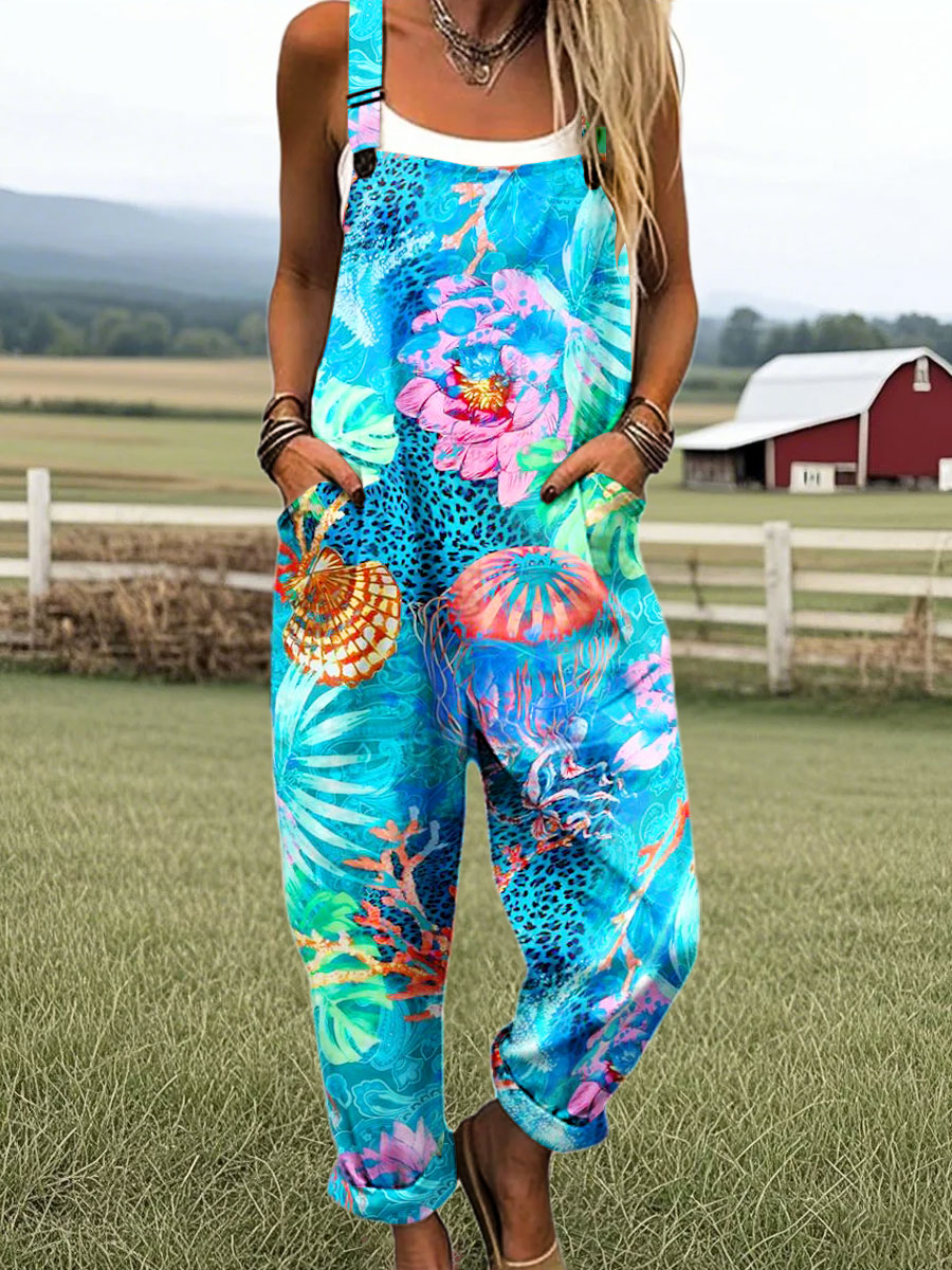 Women's Vintage Bright Sea Life Art Print Casual 100% Cotton Wide Leg Jumpsuit