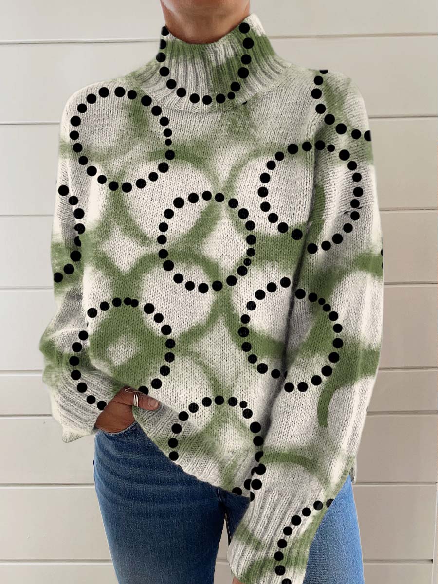 womens-green-art-abstract-circle-print-knit-turtleneck-pullover-sweater