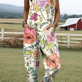 Women's Vintage Floral Art Print Casual 100% Cotton Wide Leg Jumpsuit