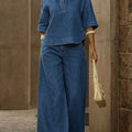 Women's Casual 100% Cotton Denim Top And Wide-leg Pants Two-piece Set