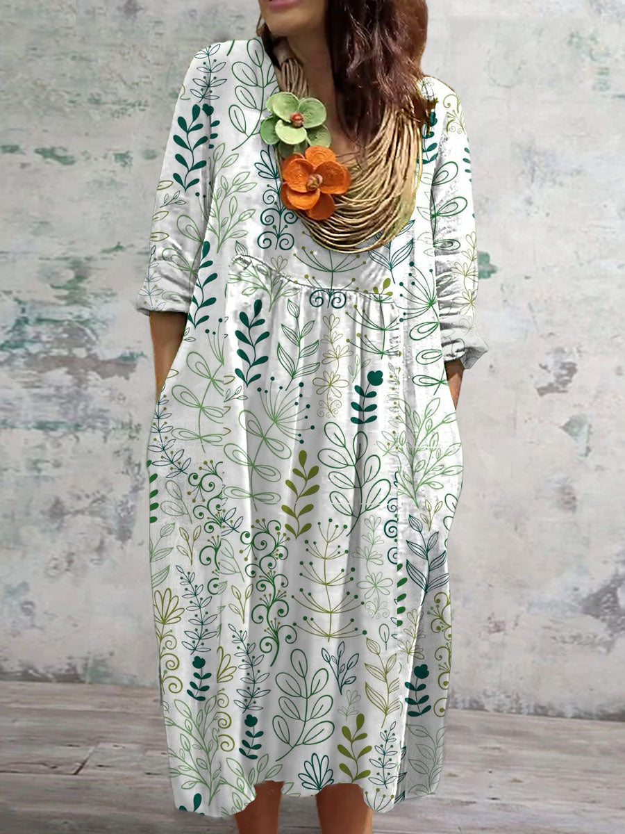 Women's Vintage Floral Art Print Crew Neck Long Sleeve Cotton Pocket Dress