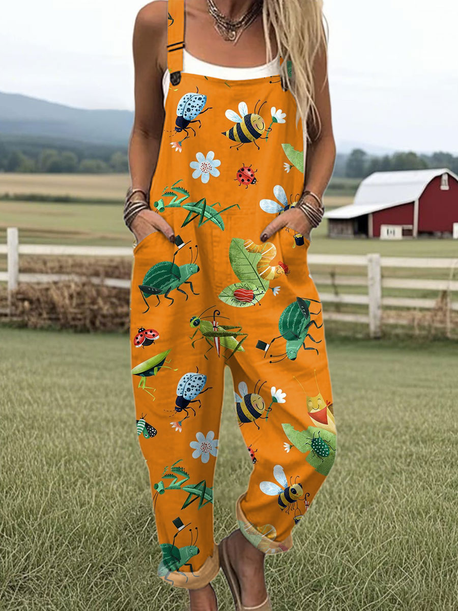 Women's  Funny Farm Bee Art Print Casual 100% Cotton Wide Leg Jumpsuit