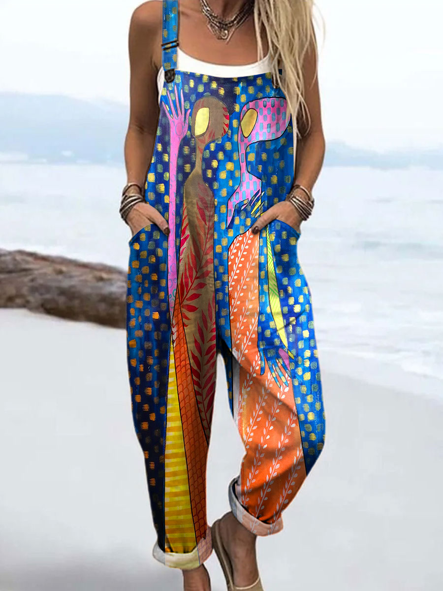 Women's Colorful Abstract Realistic Face Art Print Casual 100% Cotton Wide Leg Jumpsuit
