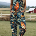 Women's Vintage Floral Birds Art Print Casual 100% Cotton Wide Leg Jumpsuit