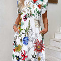White Pleated Floral Print Short Sleeve Round Neck Dress