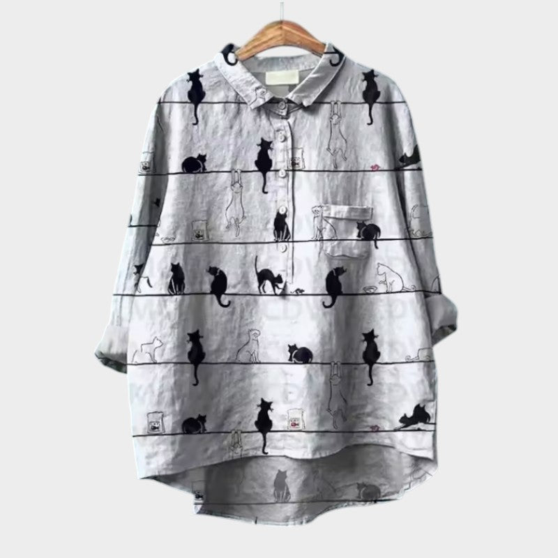 Cute Cat Print Button Front Shirt, Casual Lapel Long Sleeve Shirt, Women's Clothing