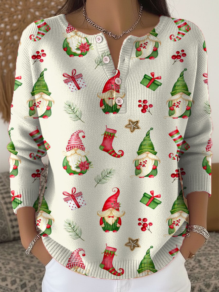 Women's Christmas Gnome Pattern Art Print Buttoned Cardigan Sweater