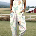 Women's Colourful Art Flower Butterfly Print Casual 100% Cotton Wide Leg Jumpsuit