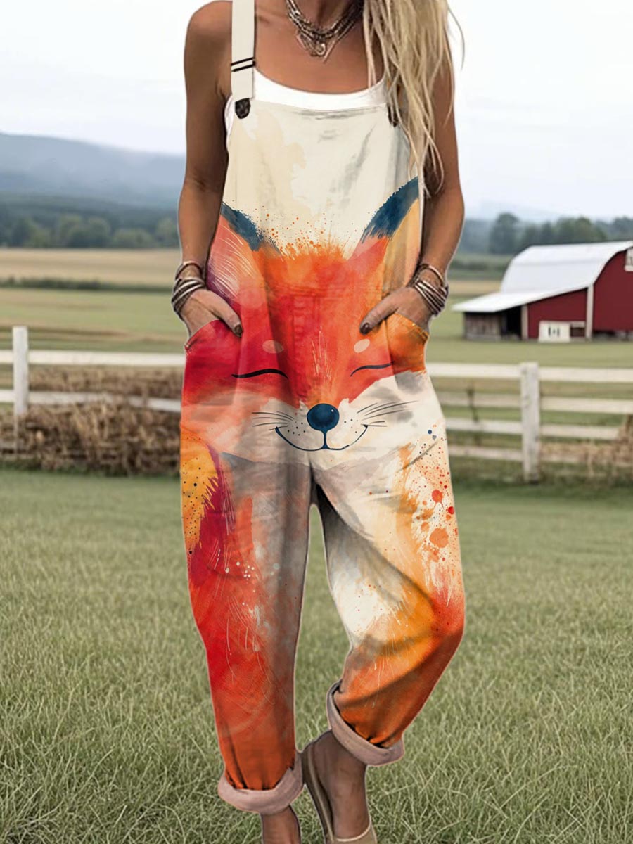 Women's Lovely Fox Art Print Casual 100% Cotton Wide Leg Jumpsuit