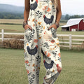 Women's Lovely Chicken Floral Art Print Casual 100% Cotton Wide Leg Jumpsuit