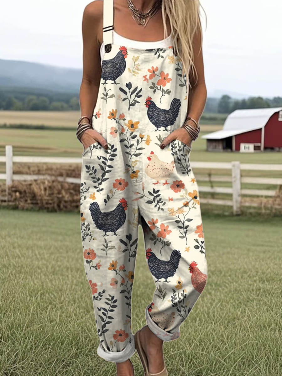 Women's Lovely Chicken Floral Art Print Casual 100% Cotton Wide Leg Jumpsuit