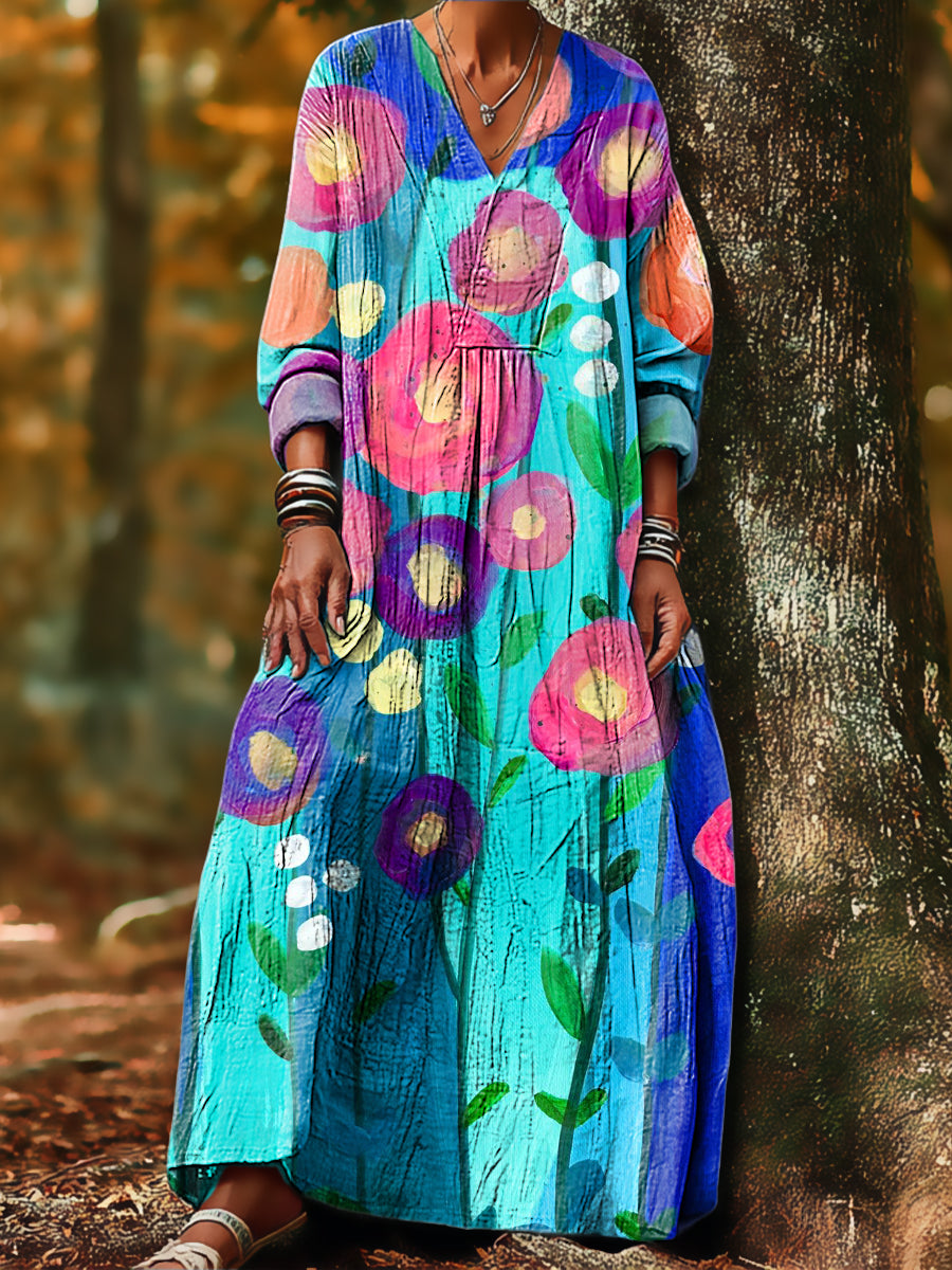 Women's Abstract Colorful Floral Painting Art Print Dress
