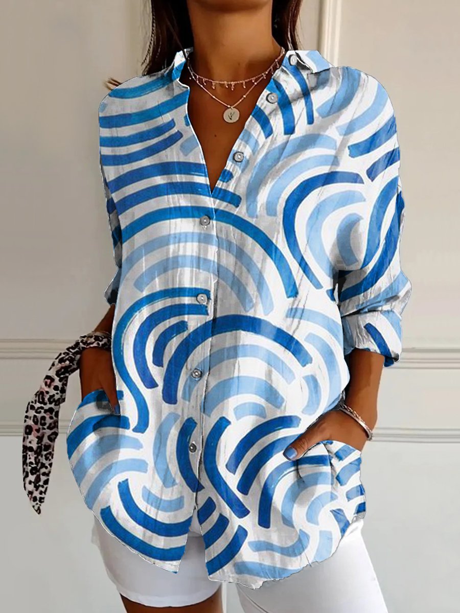 Women's Artistic simple semi-circular hand-painted lines Print Casual Cotton Shirt