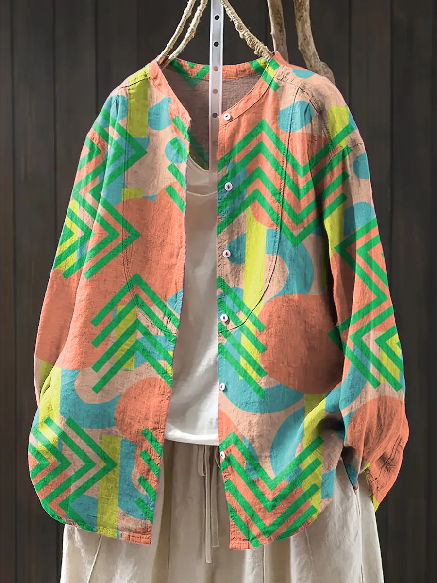 Women's Colorful Geometric Painting Art Print Casual Cotton And Linen Shirt