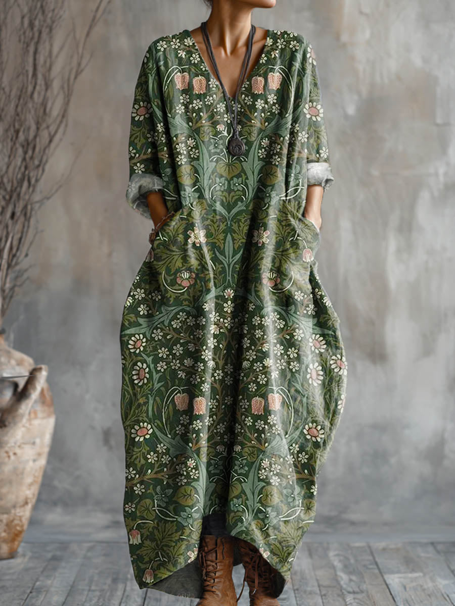 Women's Vintage Floral Art Pattern Print Pocket V-neck Cotton Dress