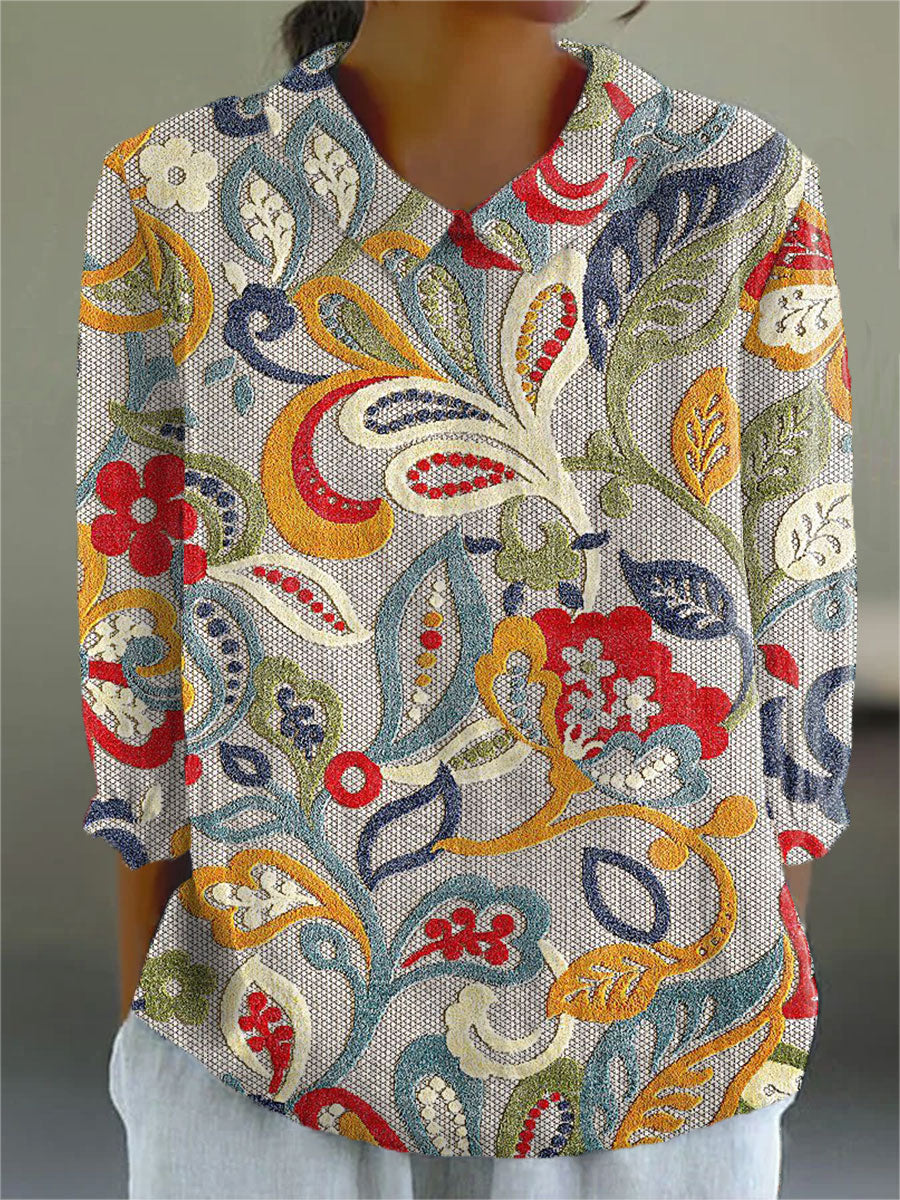 Women's Vintage Flower Art Print Casual Cotton And Linen 3/4 Sleeve Shirt