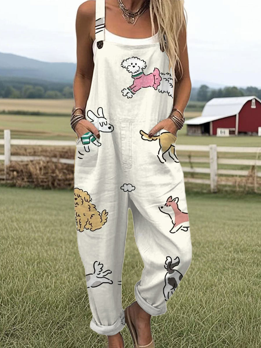 Women's  Funny Dog Art Print Casual 100% Cotton Wide Leg Jumpsuit