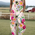 Women's Vintage Bee Floral Art Print Casual 100% Cotton Wide Leg Jumpsuit