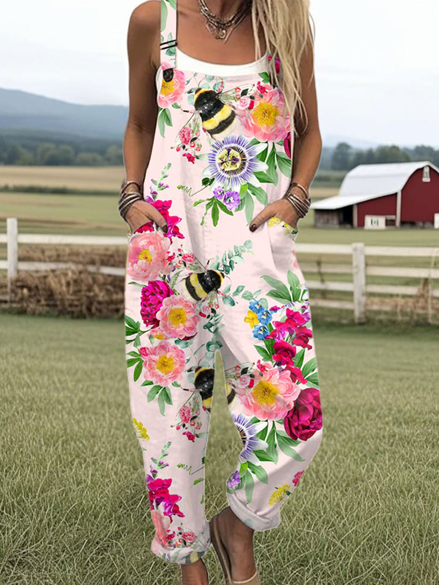 Women's Vintage Bee Floral Art Print Casual 100% Cotton Wide Leg Jumpsuit
