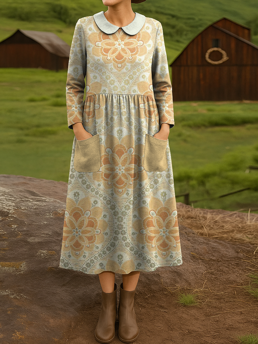 Women's Retro Geometry Flowers Pattern Art Print Cotton Lapel Button-Down Shirt Dress