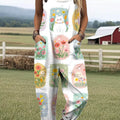 Women's Lovely Cats Floral Art Print Casual 100% Cotton Wide Leg Jumpsuit