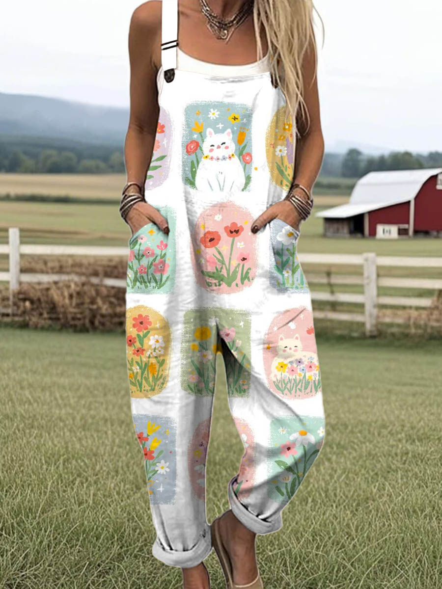 Women's Lovely Cats Floral Art Print Casual 100% Cotton Wide Leg Jumpsuit