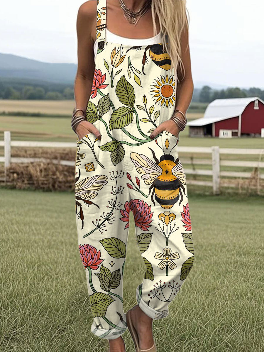 Women's Vintage  Flowers Bees  Art Print Casual 100% Cotton Wide Leg Jumpsuit